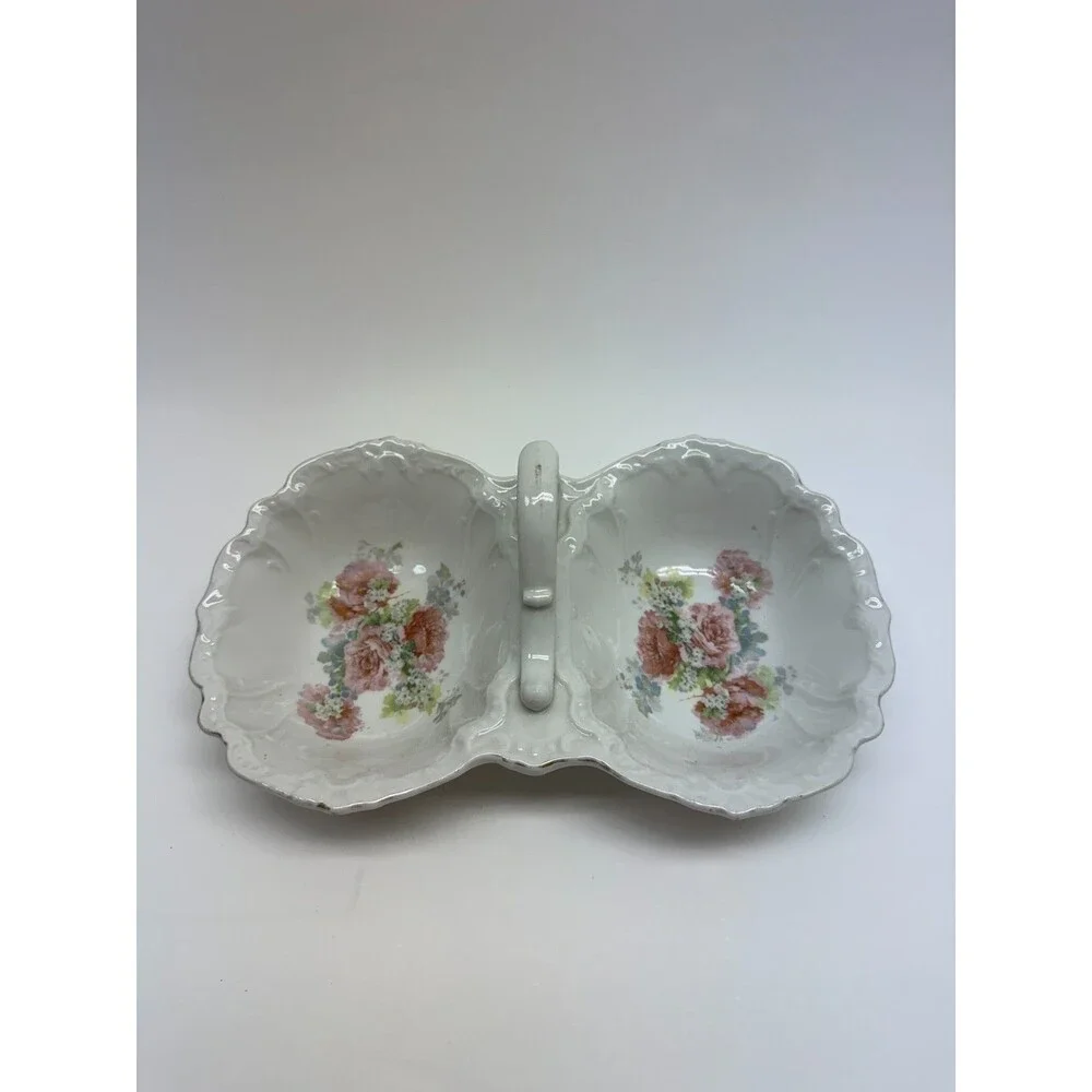 Vintage Porcelain Double Relish Dish Pink Roses Center Handle Scalloped Floral